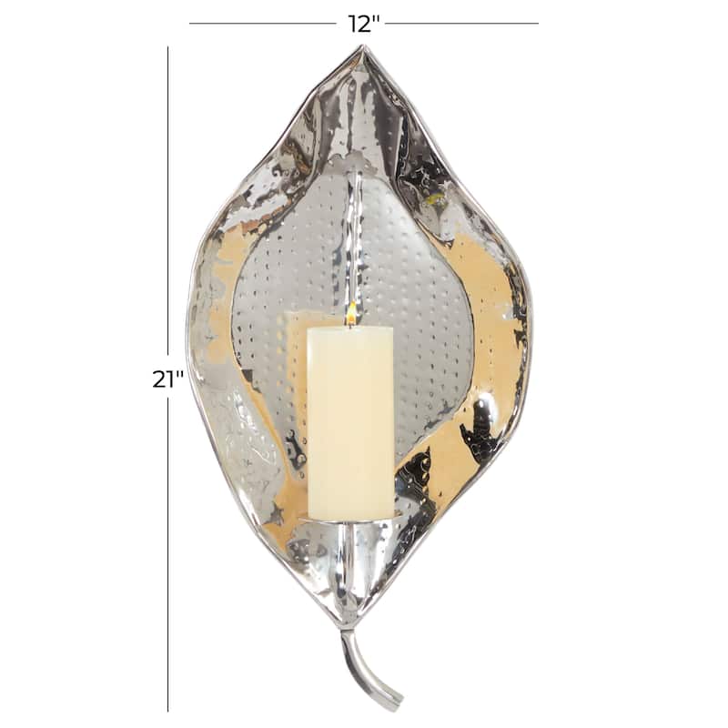 Stainless Steel Metal Leaf Wall Sconce with Hammered Design - Silver - Roche River Decor