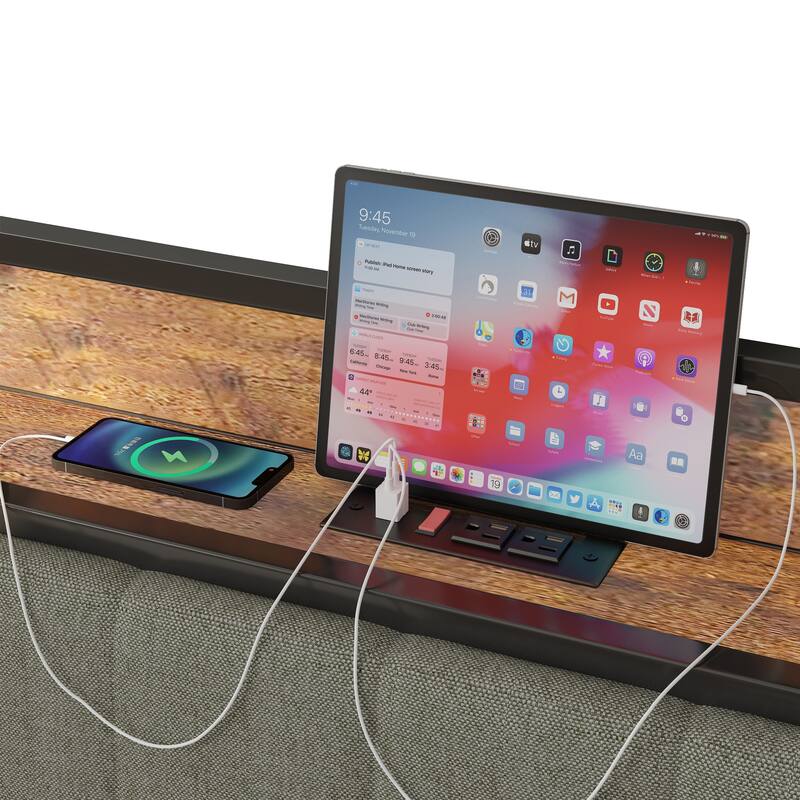 Queen Size Bed Frame with Charging, Upholstered Headboard, Metal Platform, Grey