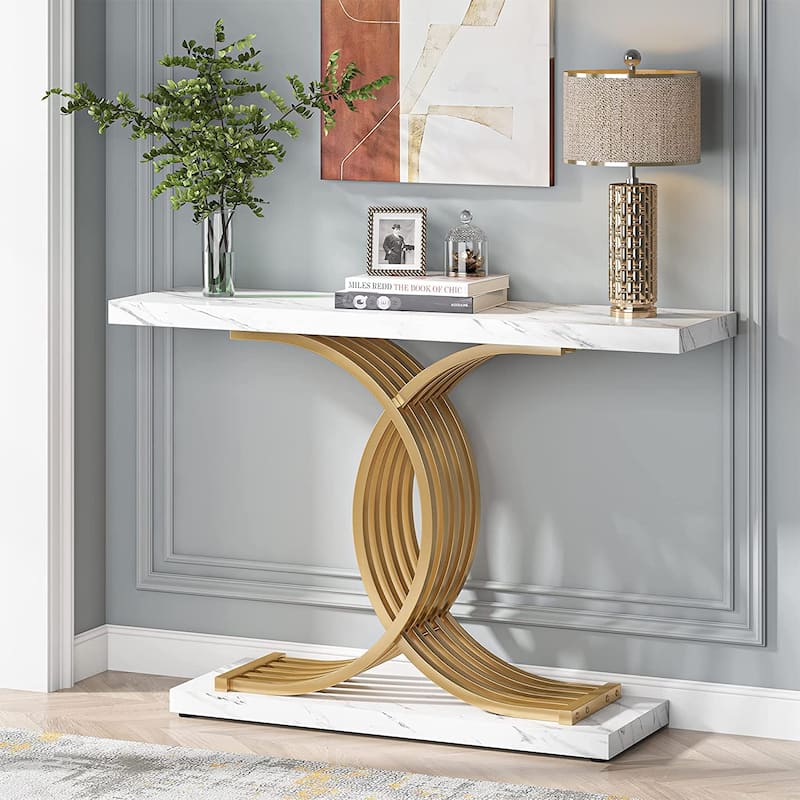 Modern Faux Marble Entryway Console Table with Geometric Gold Legs - 11.81"D x 39.37"W x 31.49"H - White & Gold