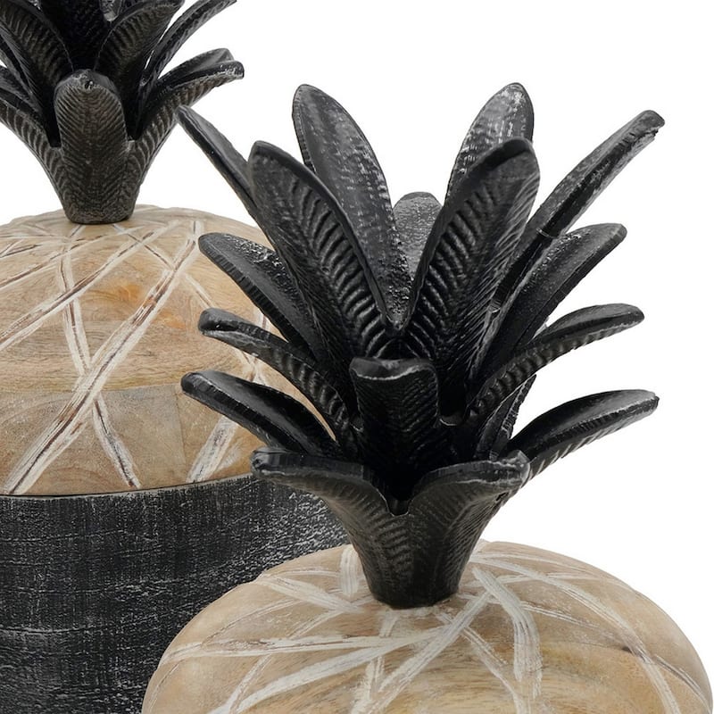 14, 12, 11 Inch Lidded Jar, Pineapple Design, Gray Mango Wood, Set of 3