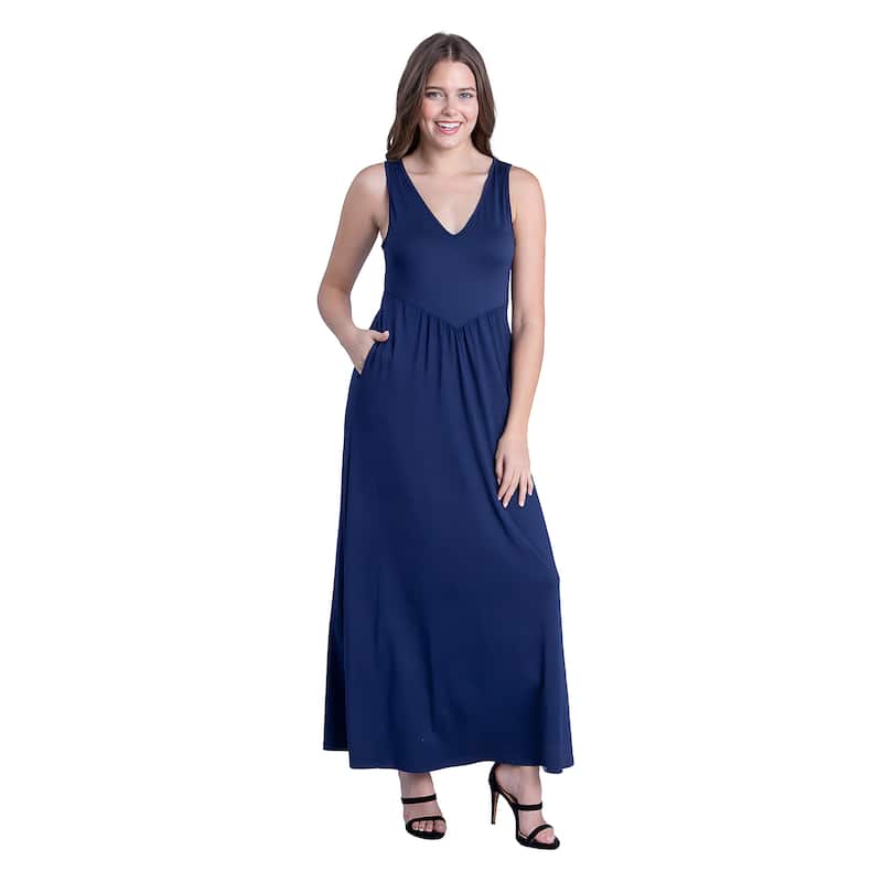24seven Comfort Apparel Sleeveless V Neck Maxi Dress with Pocket Detail - Blue - S