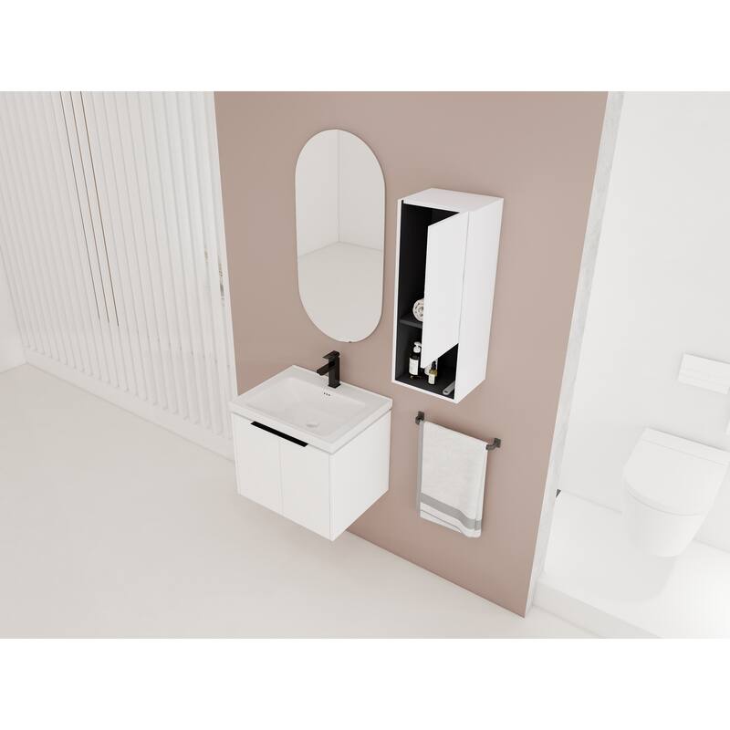 24" Wall-Mounted Bathroom Vanity with Ceramic Sink and Soft-Close Doors, Side Cabinet for Extra Storage