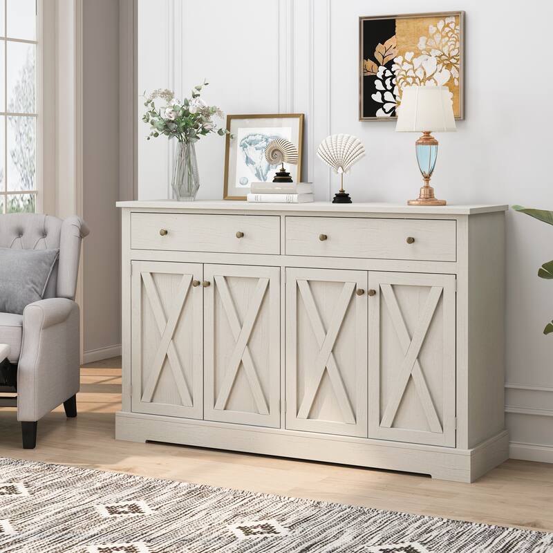 Vintage Sideboard with Two Drawers and Four Doors for Living Room - White