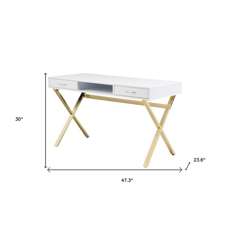 HomeRoots 47" White and Gold Wood and Metal Computer Desk With Two Drawers