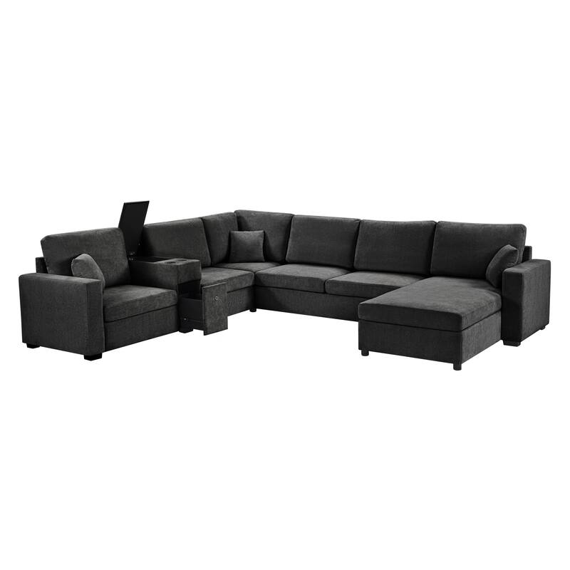 Modern 5-Seat Modular U-Shaped Sectional Sofa with Chaise, Storage Drawer, Built-In Cup Holders and Throw Pillows