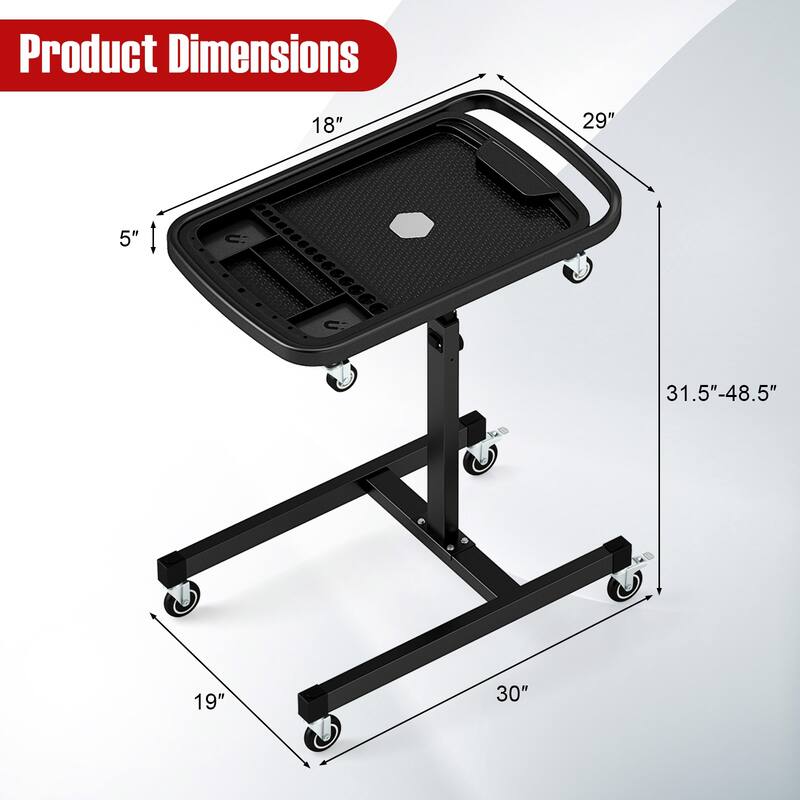Black Metal Adjustable Tool Tray Cart with Casters and Removable Organizer - 30" L x 19" W x 31.5"-48.5" H