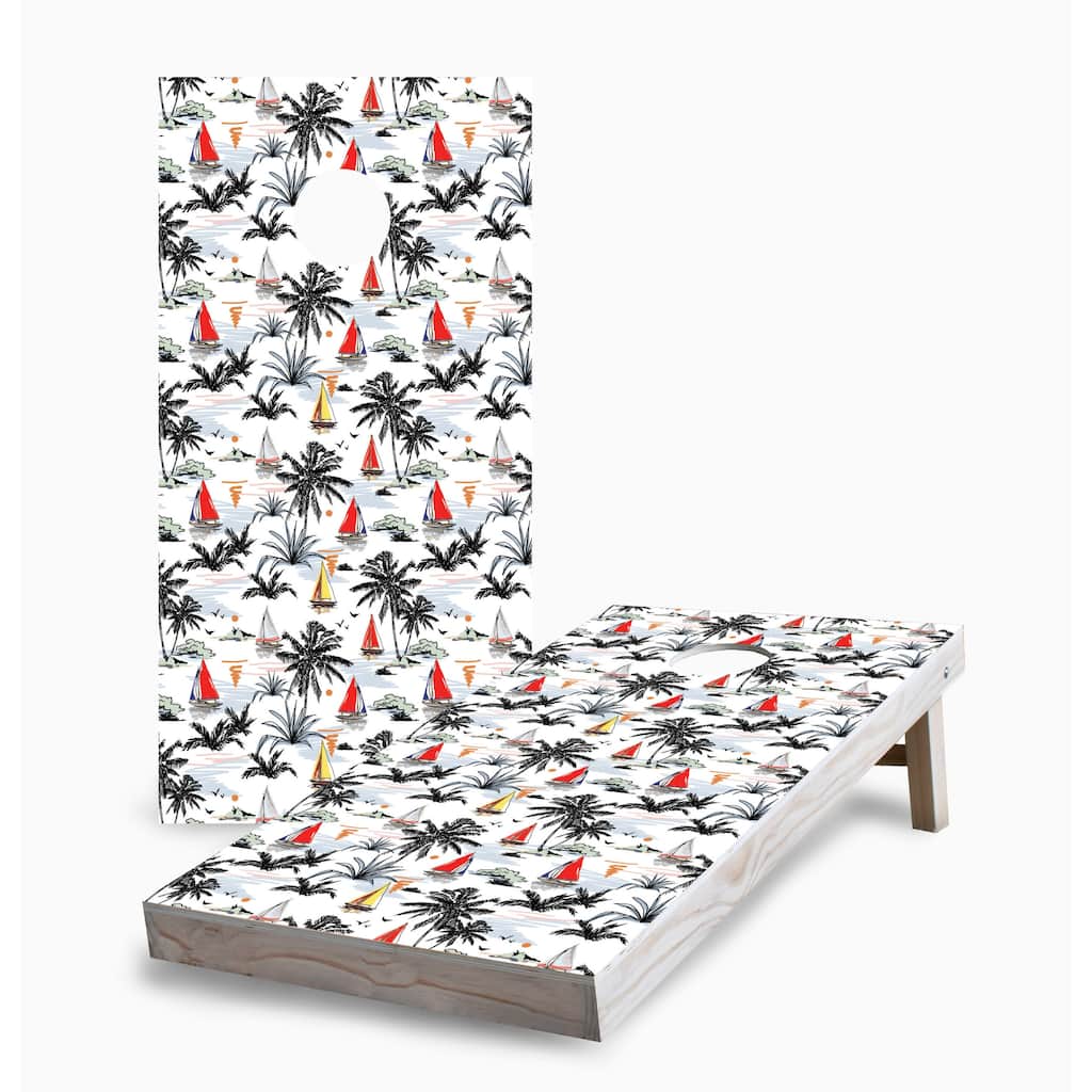 Sailboat and Palm Tree Pattern Corn Hole Board Set w Case & Lights