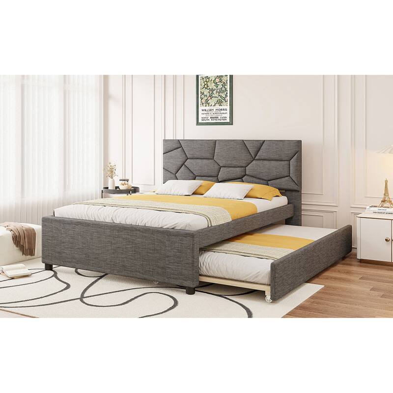 Roomfitters Queen Size Upholstered Platform Bed Frame with Twin XL Trundle and Geometric Patterned Headboard