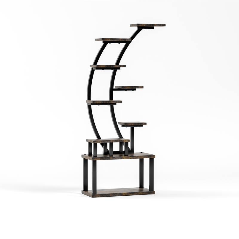 9-Tier Indoor Curved Design Plant Stand with Grow Lights Black Metal Frame and Particleboard Shelves - 20.6”L x 11.2”W x 63.5”H