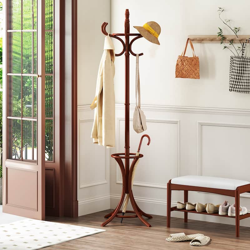 Brown Freestanding Wooden Coat Rack with Umbrella Stand and 12 Hook Organizer for Hallway or Bedroom