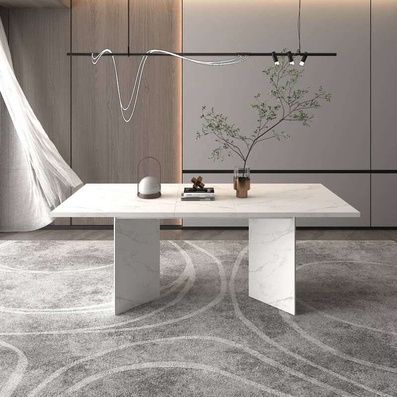Extendable Dining Room Table for 6 8 10, Modern Faux Marble Wooden Long Large Rectangular Expanding Conference Kitchen Table