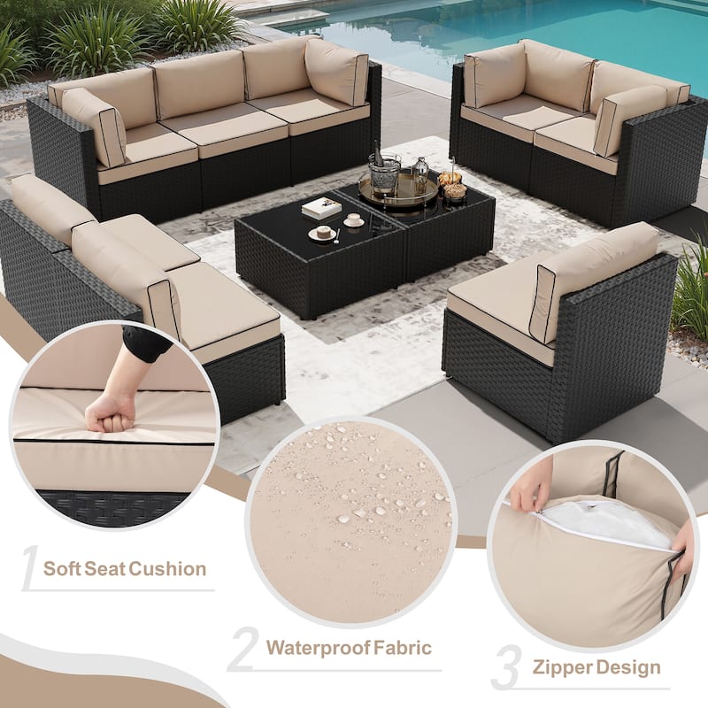 11 Piece Sectional Seating Group with Fire Pit and Cushion