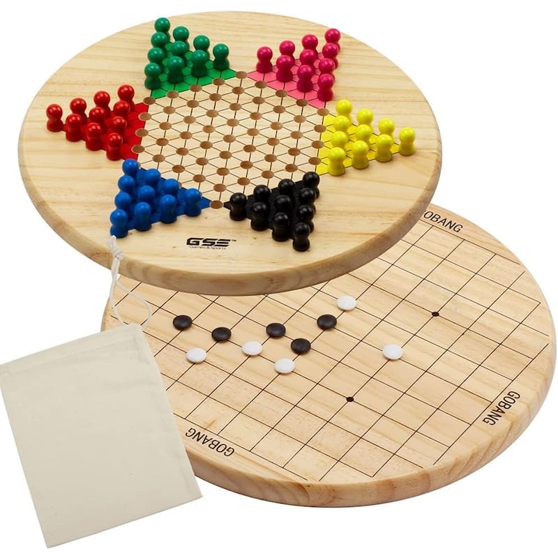 GSE™ 11.5" Wood 2-in-1 Chinese Checkers and Gobang Board Game with Wooden Pegs and Stones