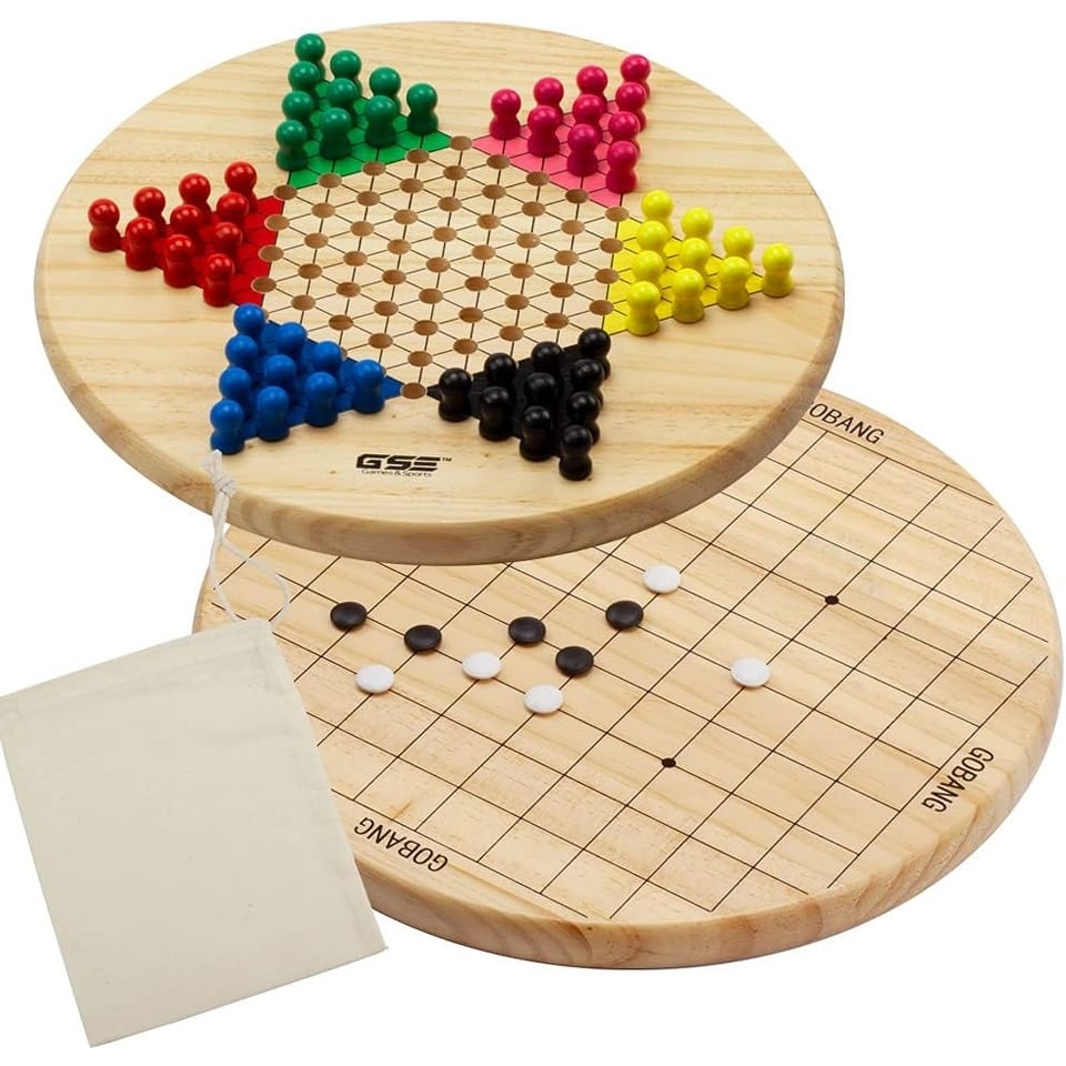 GSE™ 11.5" Wood 2-in-1 Chinese Checkers and Gobang Board Game with Wooden Pegs and Stones