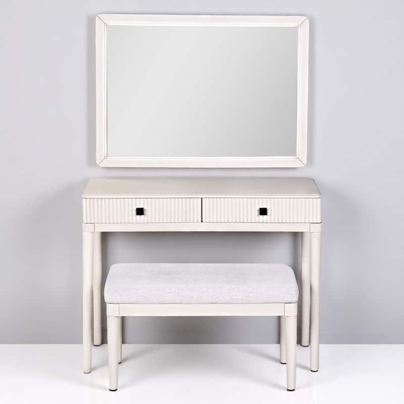 Modern Vanity Table Set with Mirror, Stool & 2 Drawers, White Makeup Desk for Bedroom or Home Office