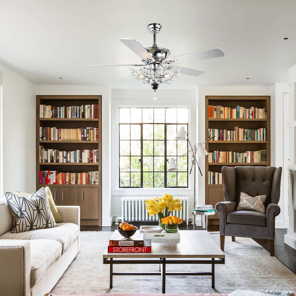 Cusp Barn 52-In Crystal Ceiling Fan with Lights and 5 Wood Reverse Blades Modern Chandelier for Living Room