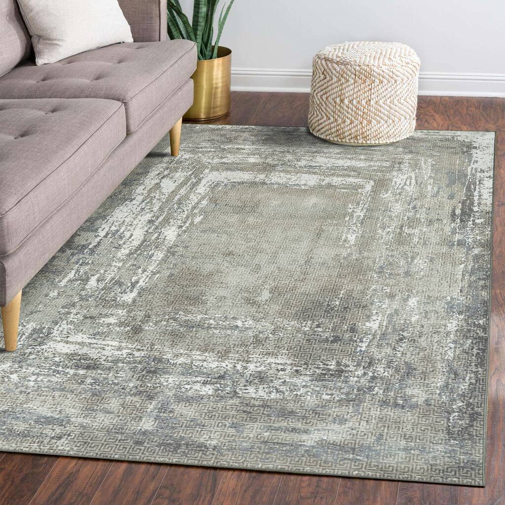 Greige Abstract Rug My Magic Carpet Amaya Bordered Abstract Greige Washable Rug - 5' x 7 ...