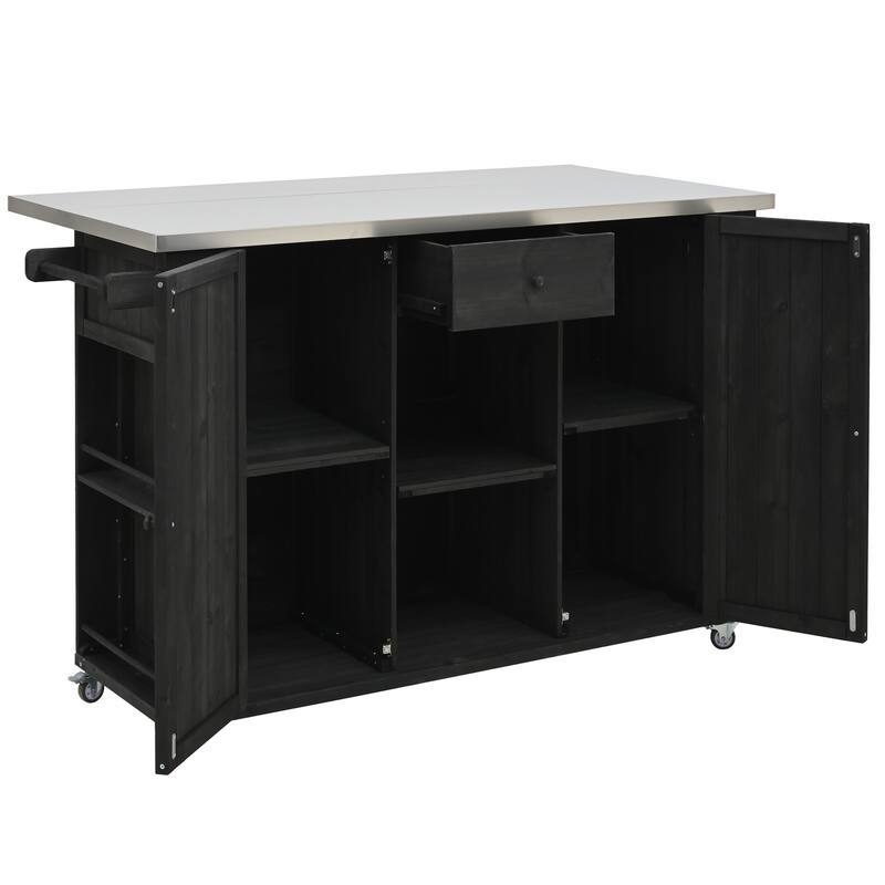 Outdoor Kitchen Island Fir Wood Kitchen Island with Stainless Steel Top, Ample Storage Space, Towel and Spice Racks