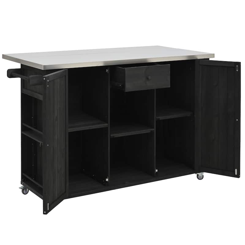 Outdoor Kitchen Island with Foldable Stainless Steel Top & Bottle Opener, Fir Wood Kitchen Island with Shelves and Towel Racks