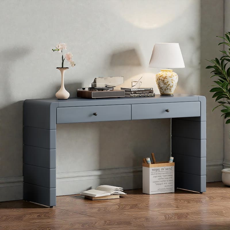 Curved Farmhouse Console Table with Storage, Wooden Entryway Table with 2 Drawers for Hallway