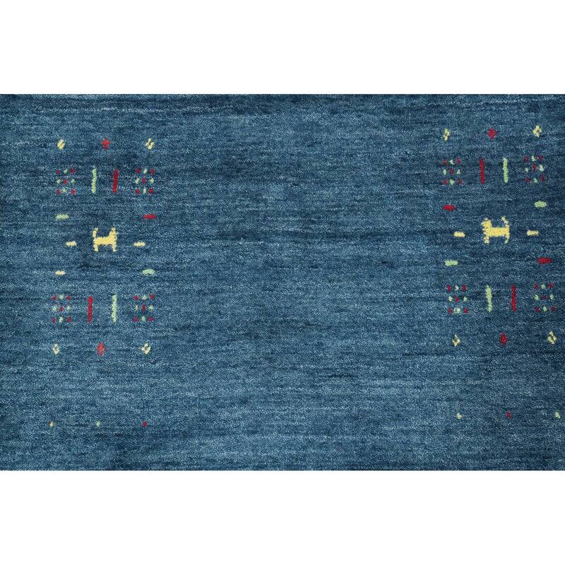 Hand Knotted Oriental Viscose Silk Carpet Tribal Animal Pictorial Navy Blue & Blues Gabbeh Runner Rug - 9' 8'' X 2' 10''