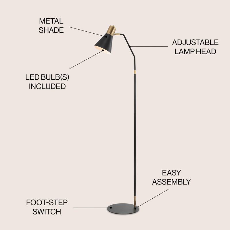 Simon 61" Modern Metal LED Task Floor Lamp, Black/Brass Gold by JONATHAN Y