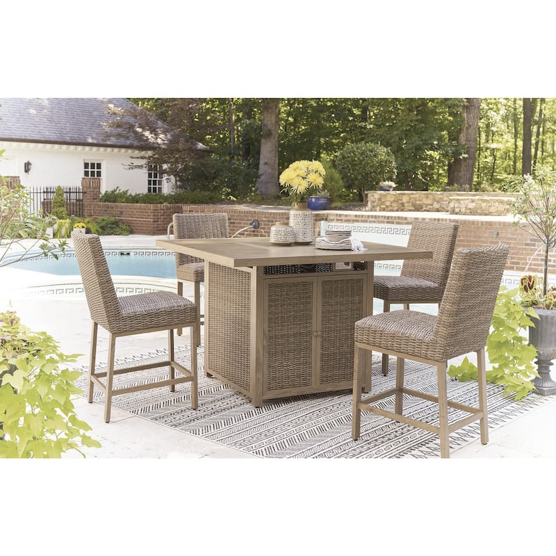 Signature Design by Ashley Walton Bridge Driftwood Outdoor Bar Table with Fire Pit - 55.75" W x 55.75" D x 39.13" H