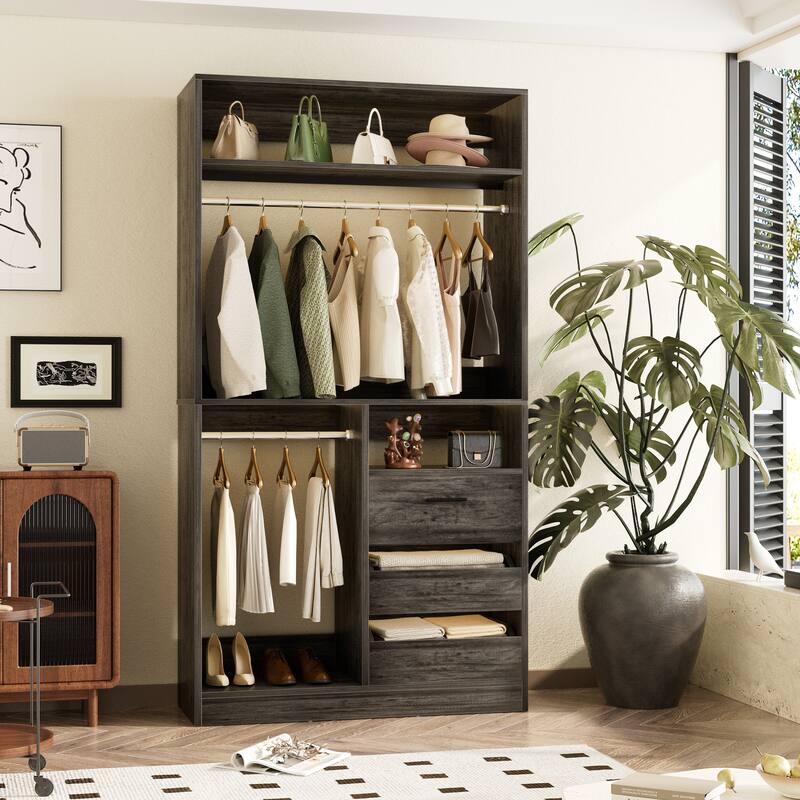 36'' W Freestanding Walk-in Closet Organizer System with 2 Hanging Rods and 3 Wood Drawers