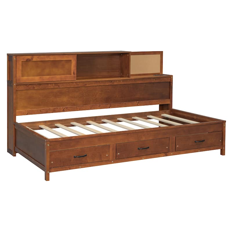 Twin/Full Size Wooden Daybed with Charging Station, Storage Bed Frame with 3 Drawers and Shelf with Door