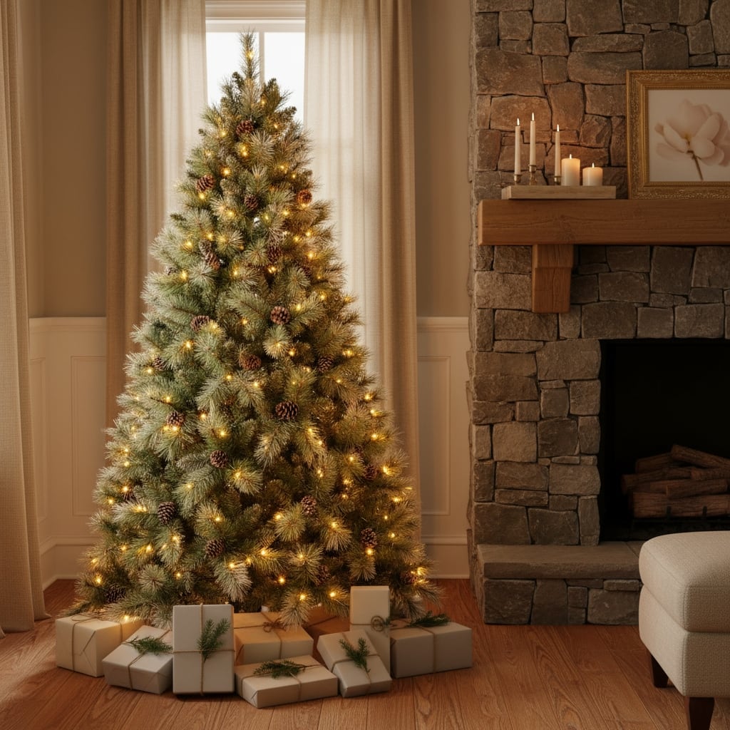 HomeRoots 7' Pre Lit Full Pine Christmas Tree With Decorations - Green - 53.00 in. x 84.00 in. x 53.00 in.