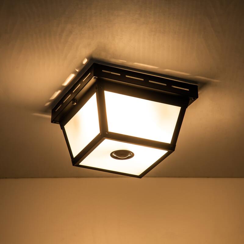 C Cattleya 2-Light Motion Sensor Outdoor Flush Mount Ceiling Light with White Textured Glass