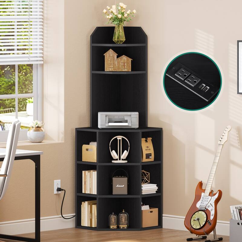 Moasis Industrial Corner Display Bookshelf Bookcase with USB Ports and Outlets