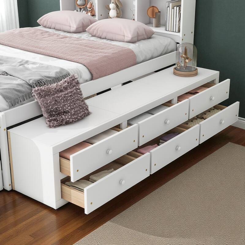 Full Size Wooden Storage Bed with Bookcase Headboard, 6 Drawers, and Bed-End Storage Case
