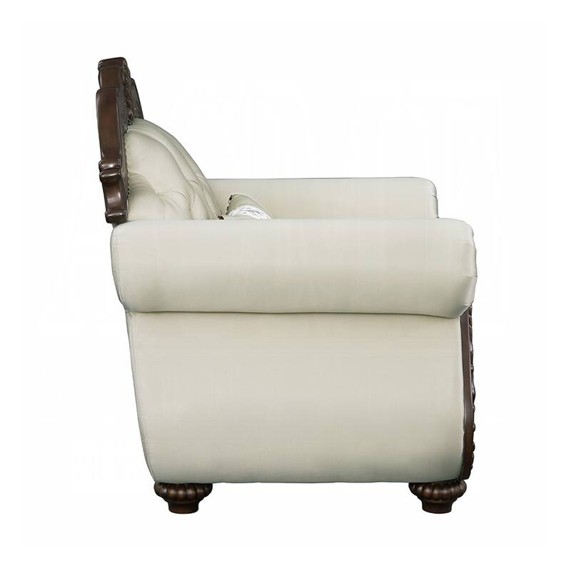 Upholstered Accent Chair with Button Tufted Back in Beige and Cherry