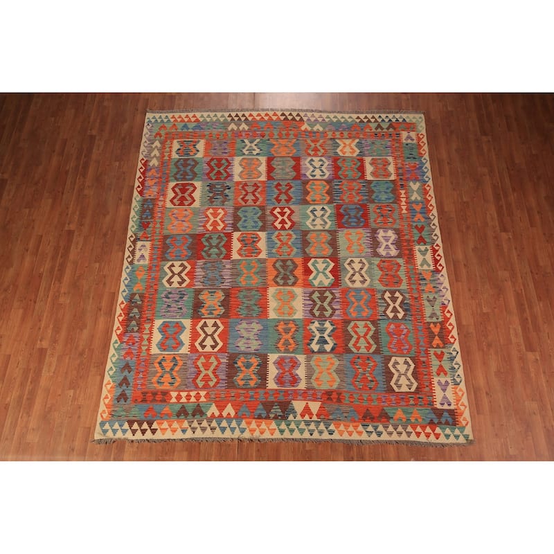 Reversible Kilim Area Rug Hand-Woven Wool Carpet - 8'5" x 9'8"