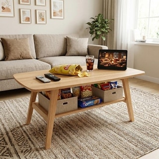 Solid Oak Wood Coffee Table with Storage Shelf - Bed Bath & Beyond ...