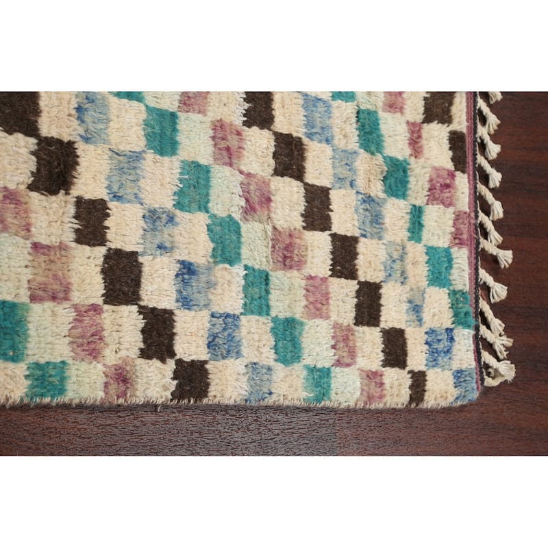 Modern Checkered Moroccan Oriental Wool Runner Rug Hand-knotted Carpet - 2'11" x 12'10"