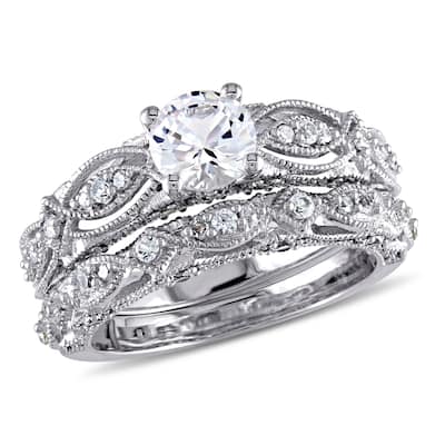 Miadora 1/10ct TW Diamond 1 3/4 CT TGW Created White Sapphire Bridal Set in 10k White Gold