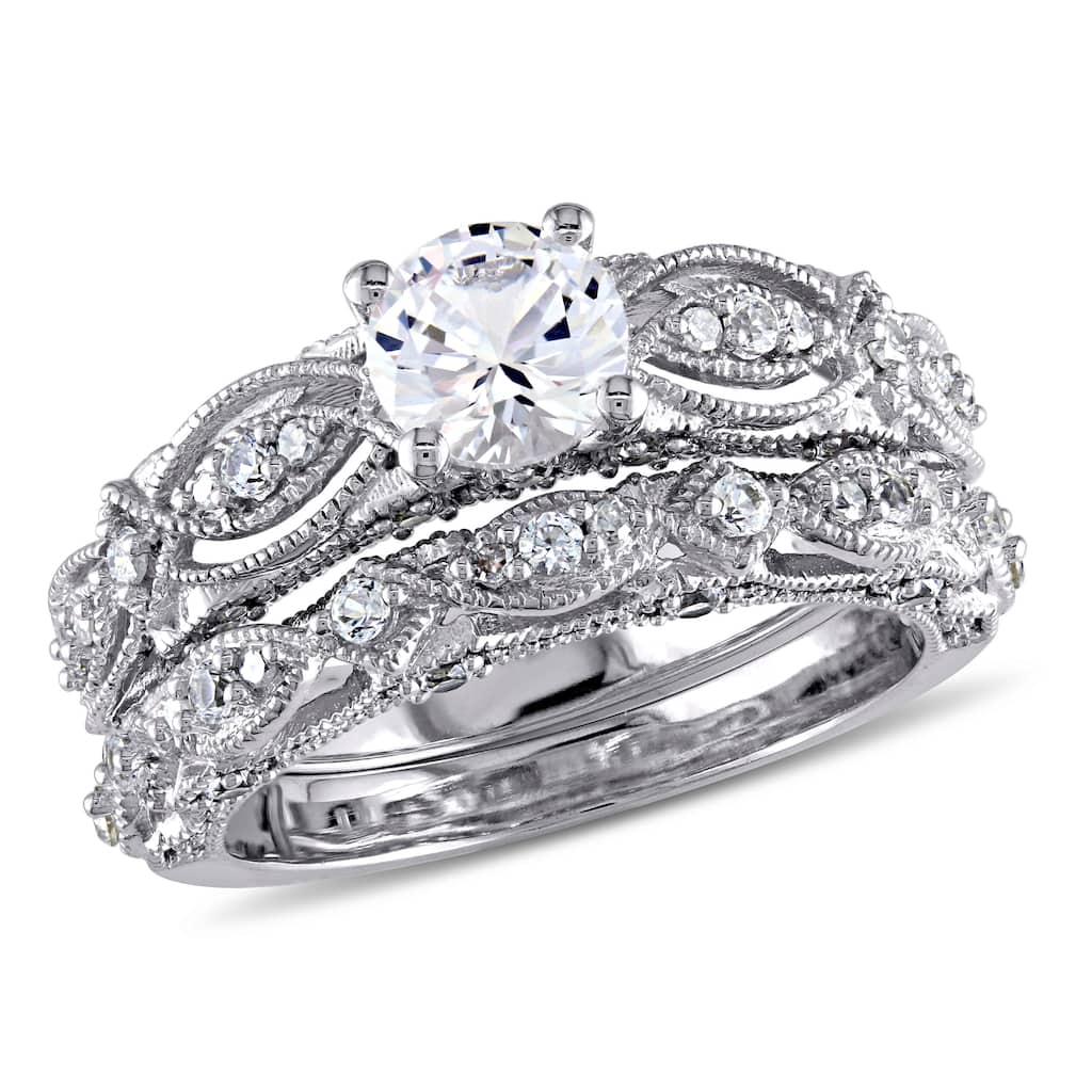Miadora 1/10ct TW Diamond 1 3/4 CT TGW Created White Sapphire Bridal Set in 10k White Gold