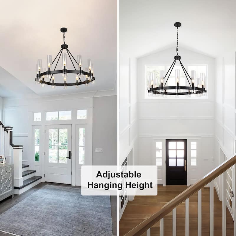 12-Light Farmhouse Wagon Wheel Chandelier - Matte Black