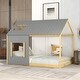 preview thumbnail 1 of 7, Gray/Natural Modern Pine Wood House Bed with Roof and Window, Sturdy Construction Full - Gray/Natural