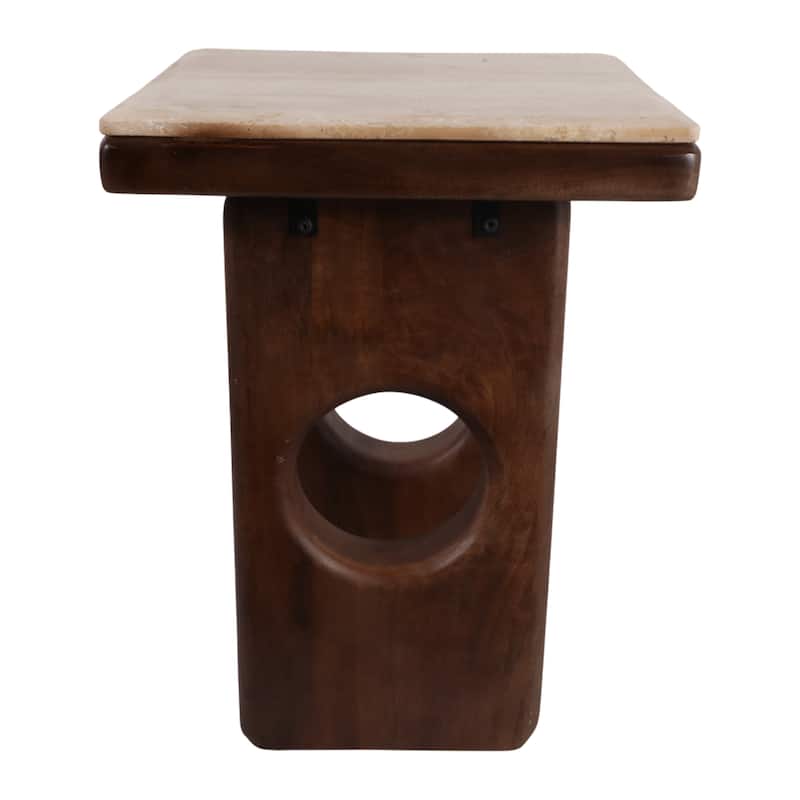 Square Stone Top Accent Side Table with Wood Base - 21", Tan & Brown - 21.0"