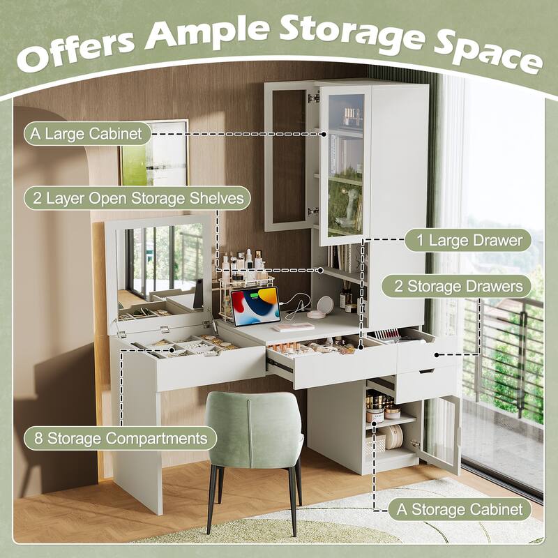 Vanity Desk with Mirror & Charging Station, Dressing Table with Hidden Storage Compartments, Multi-functional Home Office Desk