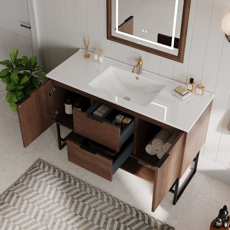 47'' Single Bathroom Vanities with White Stone Top, Brown Solid Wood