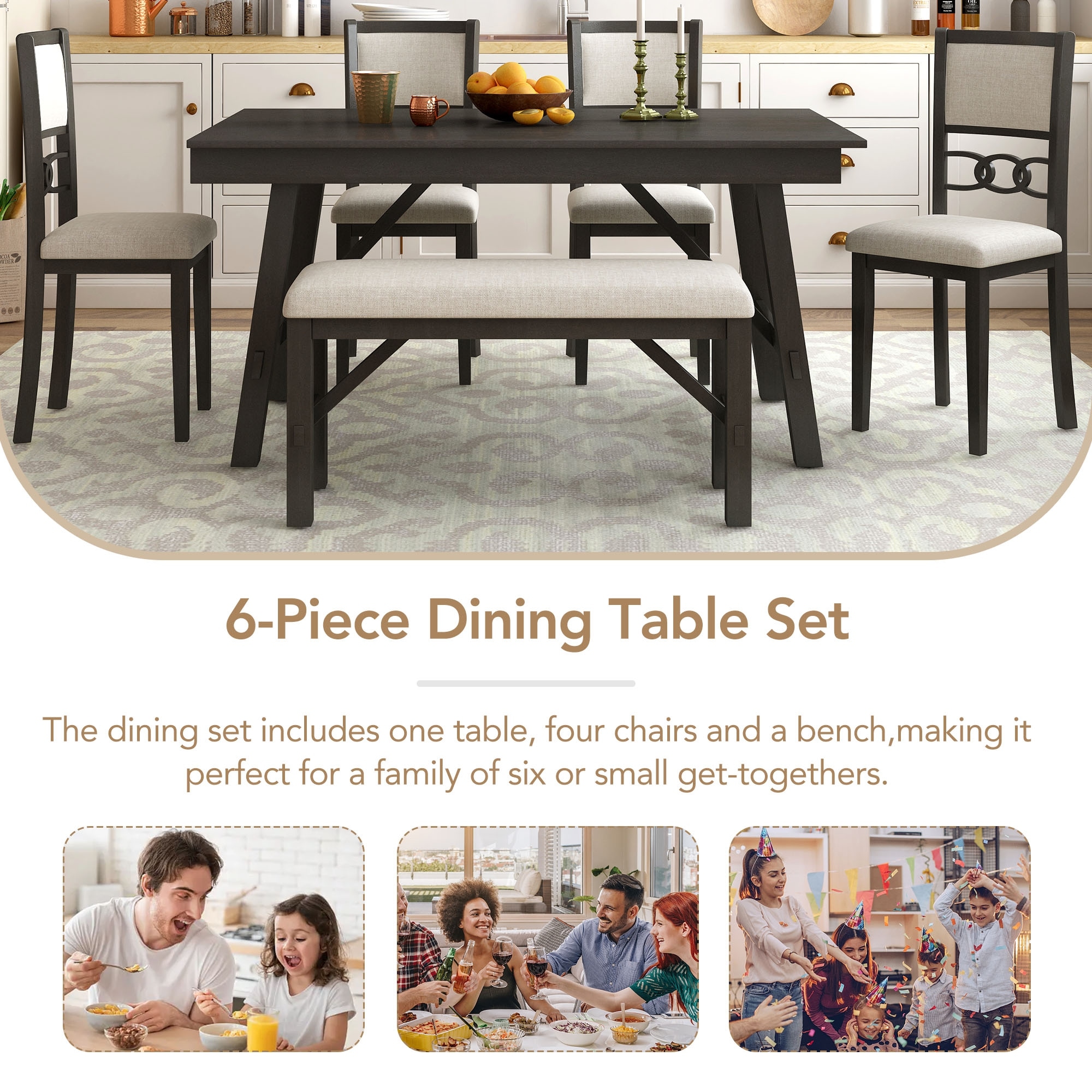 Farmhouse Solid Wood 6 Piece Dining Table Set Rectangular Kitchen