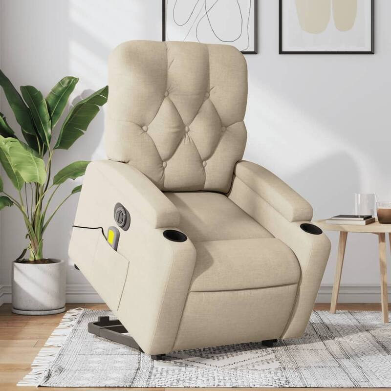 vidaXL Stand up Massage Recliner Chair Power Lift Wingback Armchair Fabric - Cream Electric