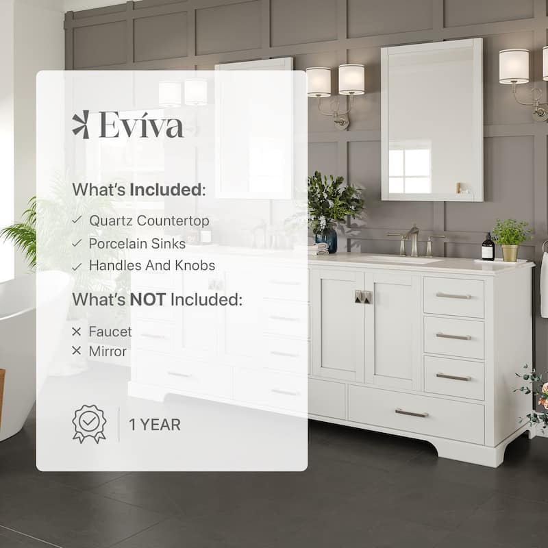 Eviva Storehouse 84"W x 22"D Bathroom Vanity with White Carrara Quartz Countertop and Undermount Porcelain Sink