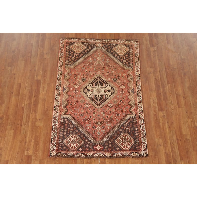 Tribal Qashqai Persian Vintage Area Rug Handmade Orange Wool Carpet - 3'8"x 5'7"