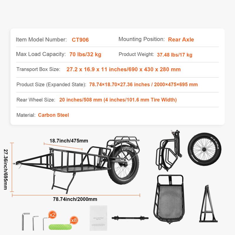 Bike Cargo Trailer Fits Most Bike Wheels, Carbon Steel Frame - 70 lbs 20"