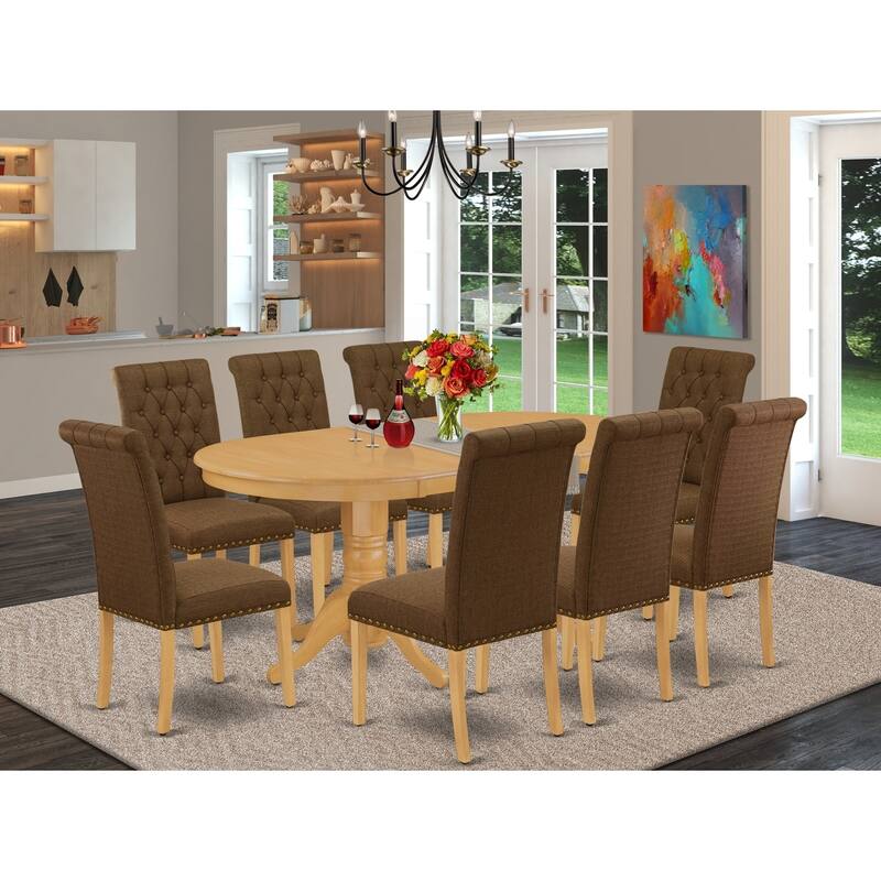 9Pc Dining Set - Oval Table with Butterfly Leaf & 8 Parson Chairs - Oak Finish, Dark Coffee Fabric - 76.3